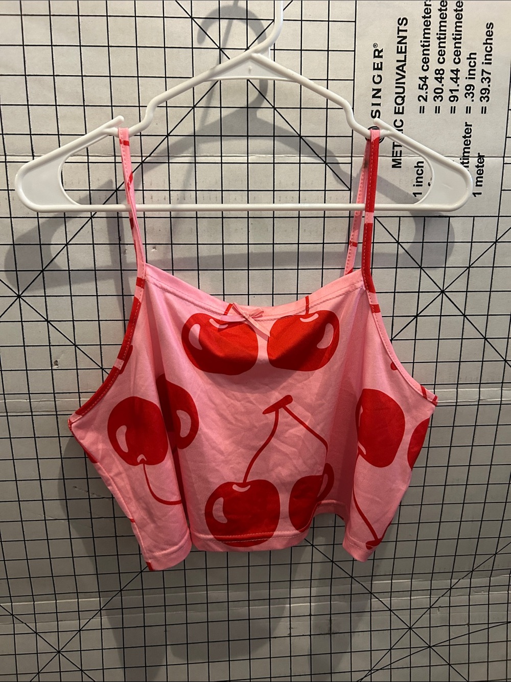 Pink Cherry Print Spaghetti Strap Crop Top